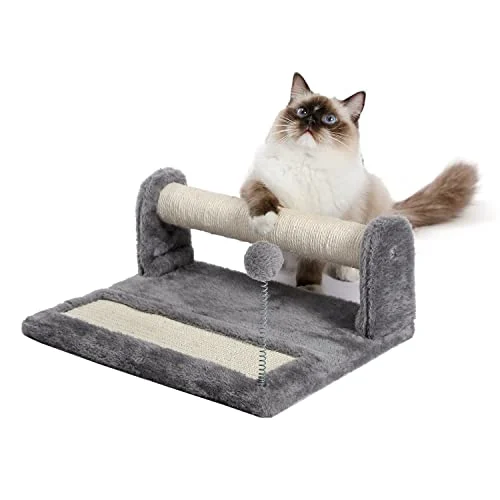 Cat Scratching Post and Pad with Toy, Spring Toy Ball, Foldable Cat Scratch Board & Post (2 in 1), Full Sisal and Plush Covered