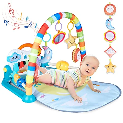 Baby Play Sheet, Play Mat & Gym with Music & Lights - Educational Toy for Baby & Toddler 0-3-6-12 Months Play Blanket - Kick & Play Piano Mat-Blue