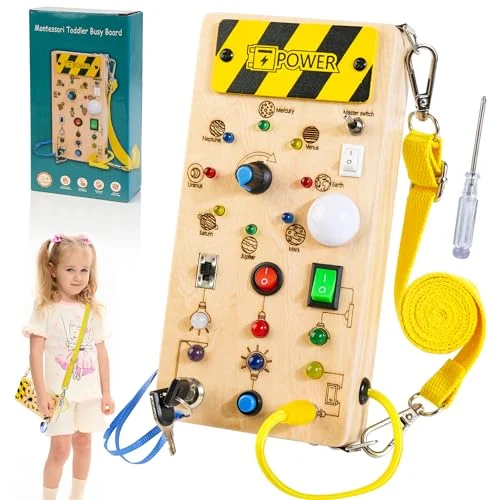 Busy Board Toy for Children 3+ Years Old, Planetary Lights Activity Board Made of Wood, Sensory Educational Toy