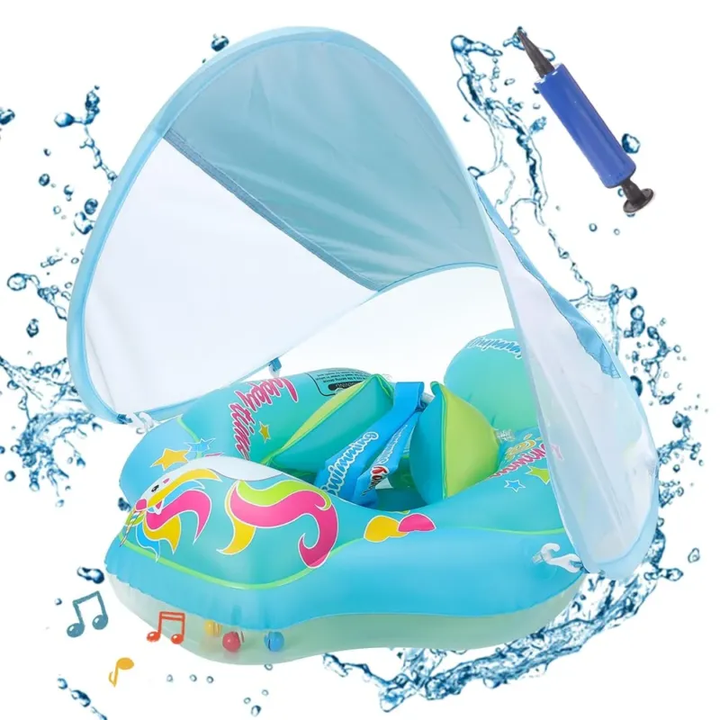 Baby swimming ring with removable sun canopy, swimming aid with adjustable shoulder straps, swimming trainer, with inflatable swimming float
