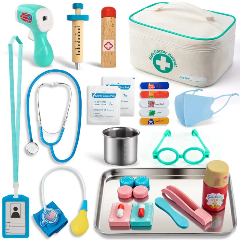 Children's wooden doctor's case, doctor toy with real stethoscope thermometer, syringe and practical items for children's medical role play