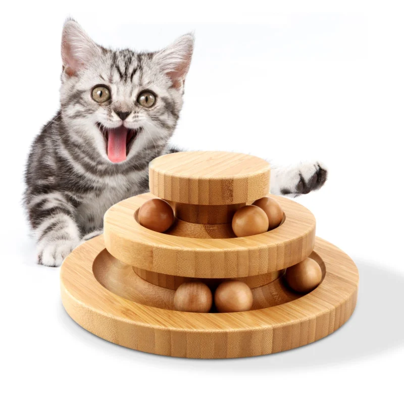 Interactive wooden cat toy double-layer rotating ball rocking roller for cats