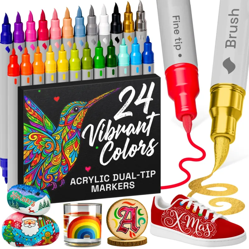 24 Acrylic Pens - Dual Tip Markers for Fabric, Canvas, Stone, Glass, Wood
