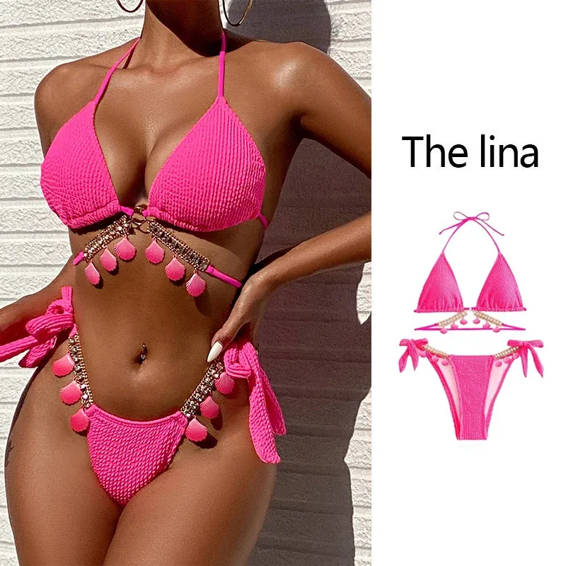 Damen Triangel-Bikini mit fransenförmigen Akzenten und funkelnden Kettenverzierungen – Maréssa