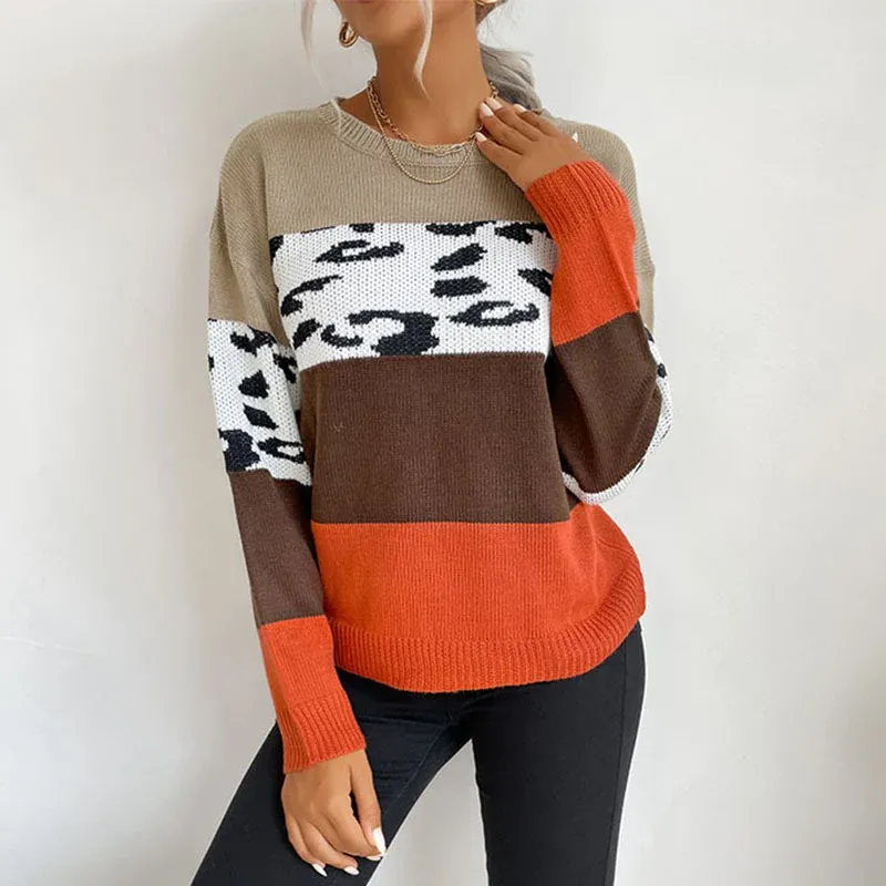 Damen Colorblock Strickpullover mit Leopardenprint-Einsatz und lässiger Oversize-Passform – Mavelle