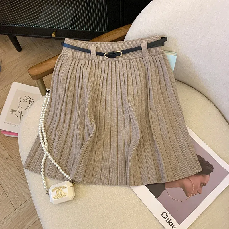 Damen Plissierter Rock mit elastischem Bund und Gürteldetail – Rosévia