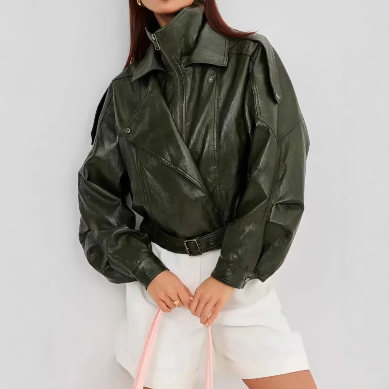 Damen Modische Lederjacke mit Hüftgürtel – Velloura